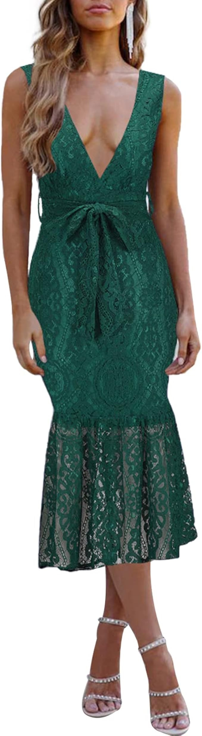 Women's Elegant Floral Lace Deep V-Neck Sleeveless Dress Mermaid Cocktail Evening Dresses with Be... | Amazon (US)