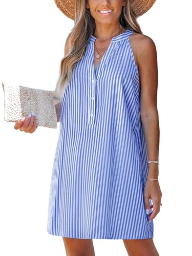 CUPSHE Womens Summer Dresses V Neck Sleeveless Striped Button Up Mini Casual Coverup Dress | Amazon (US)