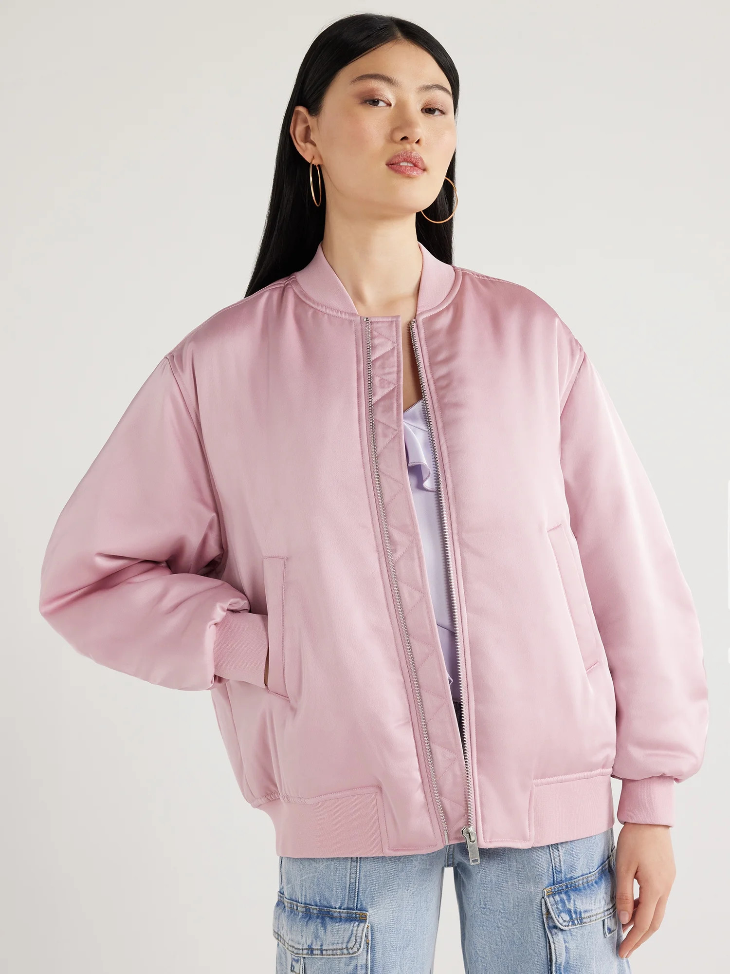 Scoop Women's Oversized Satin Bomber Jacket with Rouched Sleeves, Sizes XS-XXL | Walmart (US)