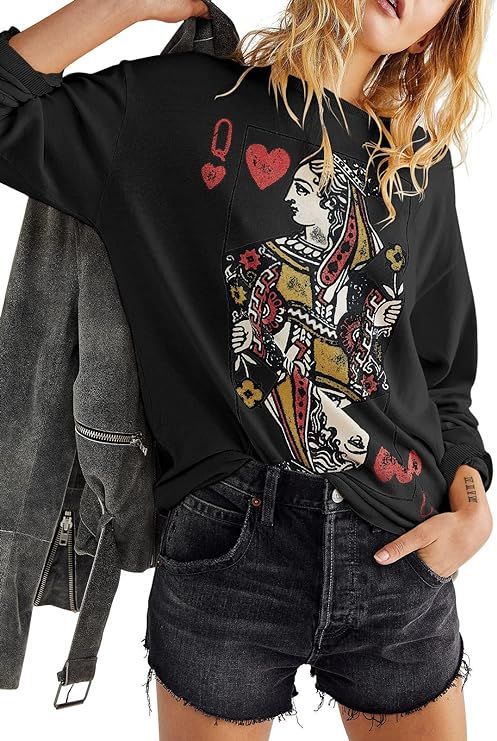 Fazortev Womens Crewneck Graphic Sweatshirts Queen Of Hearts Long Sleeve Shirts Cute Loose Fit Ca... | Amazon (US)
