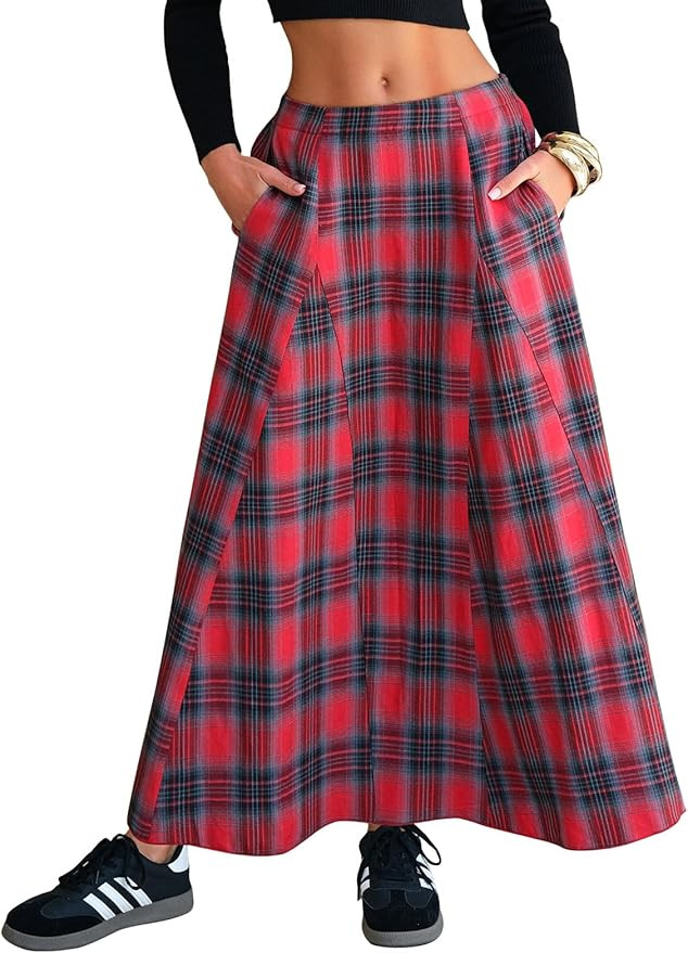 EXLURA Womens Flannel Plaid Long Skirts High Waist A Line Flared Pleated Maxi Skirt Dress Casual ... | Amazon (US)