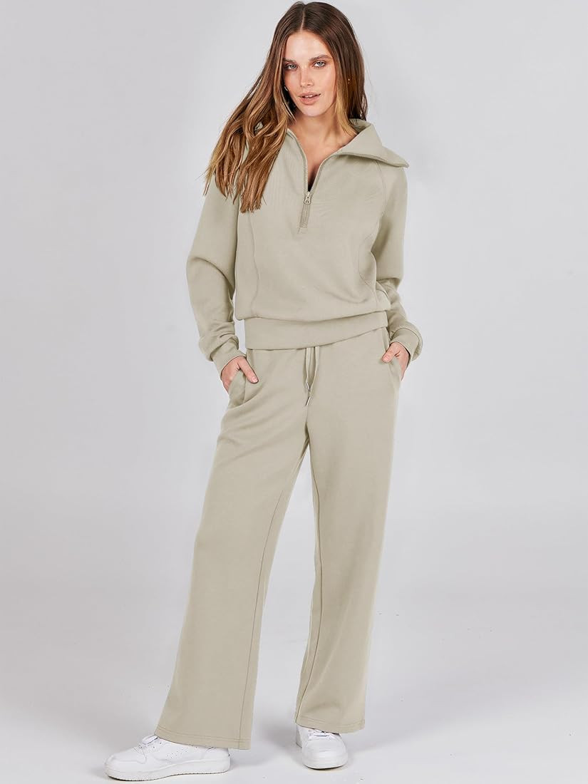 Women 2 Piece Outfits Sweatsuit Set 2023 Fall Oversized Half Zip Sweatshirt Wide Leg Sweatpant Loung | Amazon (US)