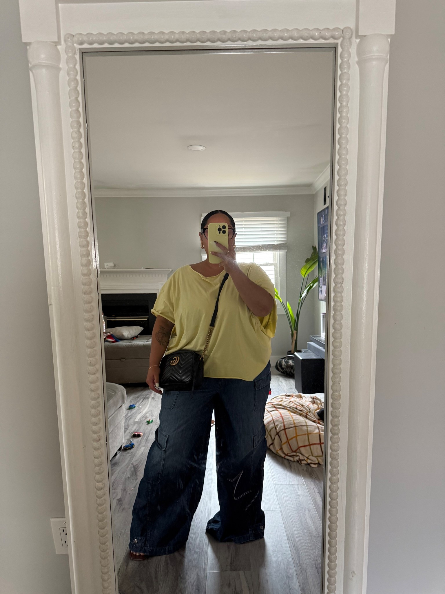 Casual comfy everyday outfit 

Dark wide leg jeans from torrid size 14 
Oversized tee from asos size large 