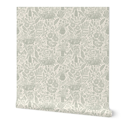 Clawfoot Tub Floral Wallpaper - Bathtub Floral by writtenbykristen - Sage Green Cream Removable ...