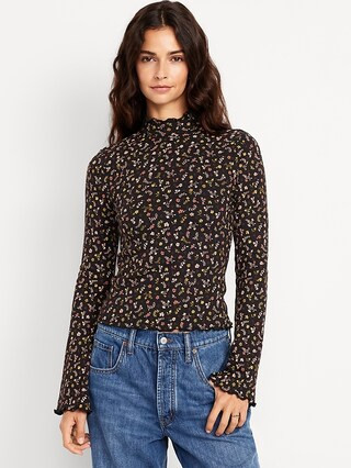 Mock-Neck Lettuce-Edge Rib Top | Old Navy (US)