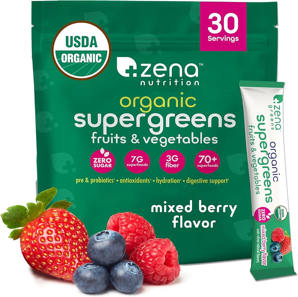 Zena Nutrition Organic Super Greens Powder, 70+ Superfoods, 0 Sugar, 3g Fiber, Spirulina, Chlorel... | Amazon (US)
