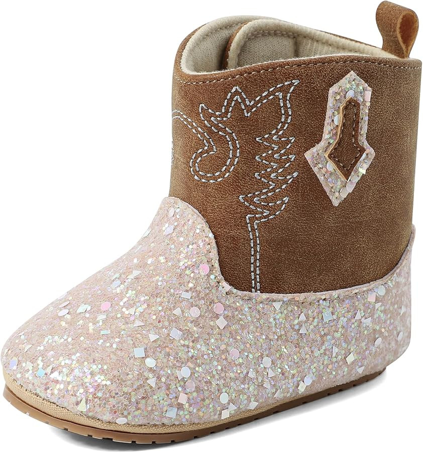 ESTAMICO Baby Girls Embroidery Western Cowgirl Boots Infant Sequin Leather Cowboy Booties Round T... | Amazon (US)