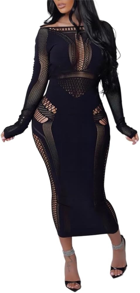 Women's Sexy Sheer Mesh Split Slim Bodycon Dress Midi Bodycon Party Dress | Amazon (US)