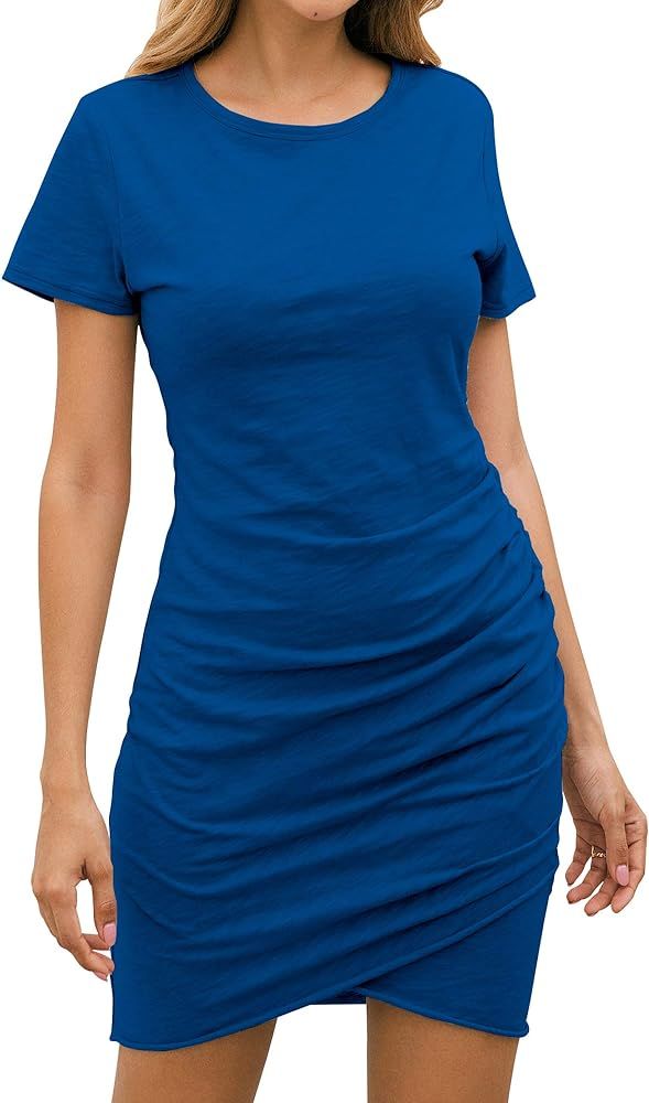 BTFBM Women's 2021 Casual Crew Neck Short Sleeve Ruched Stretchy Bodycon T Shirt Short Mini Dress | Amazon (US)
