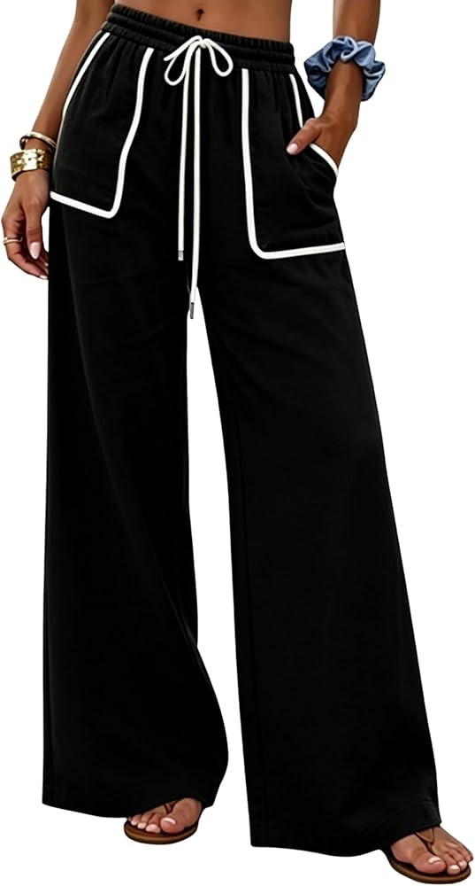 Faleave Women's Wide Leg Pants Contrast Trim High Waisted Drawstring Casual Palazzo Trousers Summer Beach with Pockets | Amazon (US)
