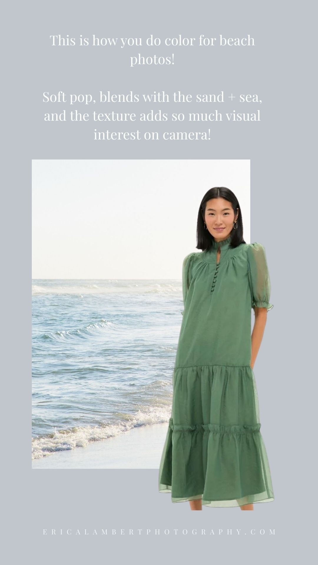 Soft sage green is one of my favorite colors for beach photos on 30A. This flowy midi dress is the perfect example of how to choose outfits that photograph beautifully against white sand and blue water. The muted green tone blends naturally with the Gulf, while still giving a soft pop of color that stands out on camera without overpowering the scene.

For beach family photos, I always recommend breathable fabrics, subtle texture, and movement. The sheer sleeves and tiered skirt on this dress add dimension and visual interest, especially during golden hour when the light catches the fabric. It creates that effortless, light and airy look that works perfectly for Destin and 30A beach sessions.

If you are planning family beach photos, maternity photos, or a couples session on the Florida coast, this color palette photographs beautifully with neutrals like ivory, sand, soft denim, and creamy whites. It complements the natural tones of the ocean while keeping the overall look elevated and timeless.

This is a stunning option for:
30A beach family photos
Destin beach photography sessions
Rosemary Beach portraits
Alys Beach photo sessions
Coastal maternity photos
Spring and summer beach outfits

Save this look if you want soft, natural color that enhances your beach photos instead of competing with them.

Photographer tip: When in doubt, choose tones inspired by the landscape. Sage, soft blue, dusty rose, and warm neutrals will always photograph beautifully on the Emerald Coast.



#LTKmomlife #LTKTravel
