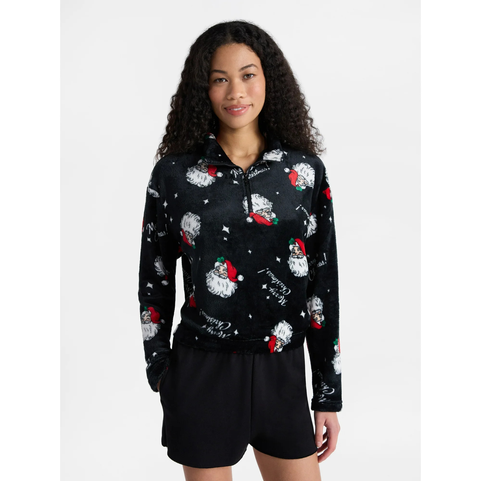 No Boundaries Christmas Quarter Zip Mock Neck Plush Top with Long Sleeves, Women's | Walmart (US)