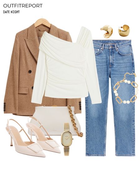 Date night outfit blue denim jeans white pumps heels white asymmetric top brown blazer and white handbag 

#LTKitbag #LTKshoecrush #LTKstyletip