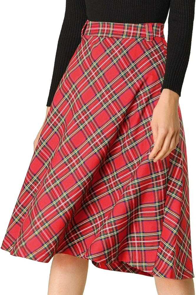 Allegra K Women's Tartan Plaid High Waist Belted Vintage A-Line Midi Skirt | Amazon (US)
