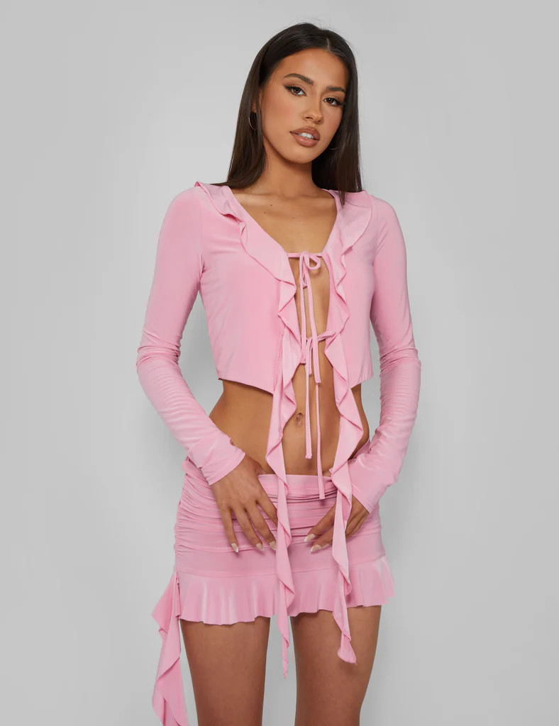 Frill Detail Tie Front Cardigan Top Baby Pink | Public Desire