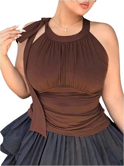 SOLY HUX Women's Plus Size Bow Tie Neck Halter Top Sleeveless Fitted Going Out Aesthetic Tank Shi... | Amazon (US)