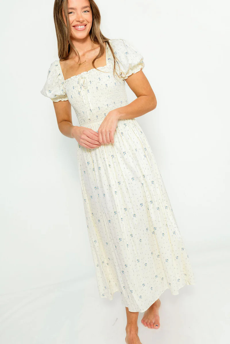 Nya 100% Cotton Smocked Midi Dress in Cream Blue Floral | Worth Collective