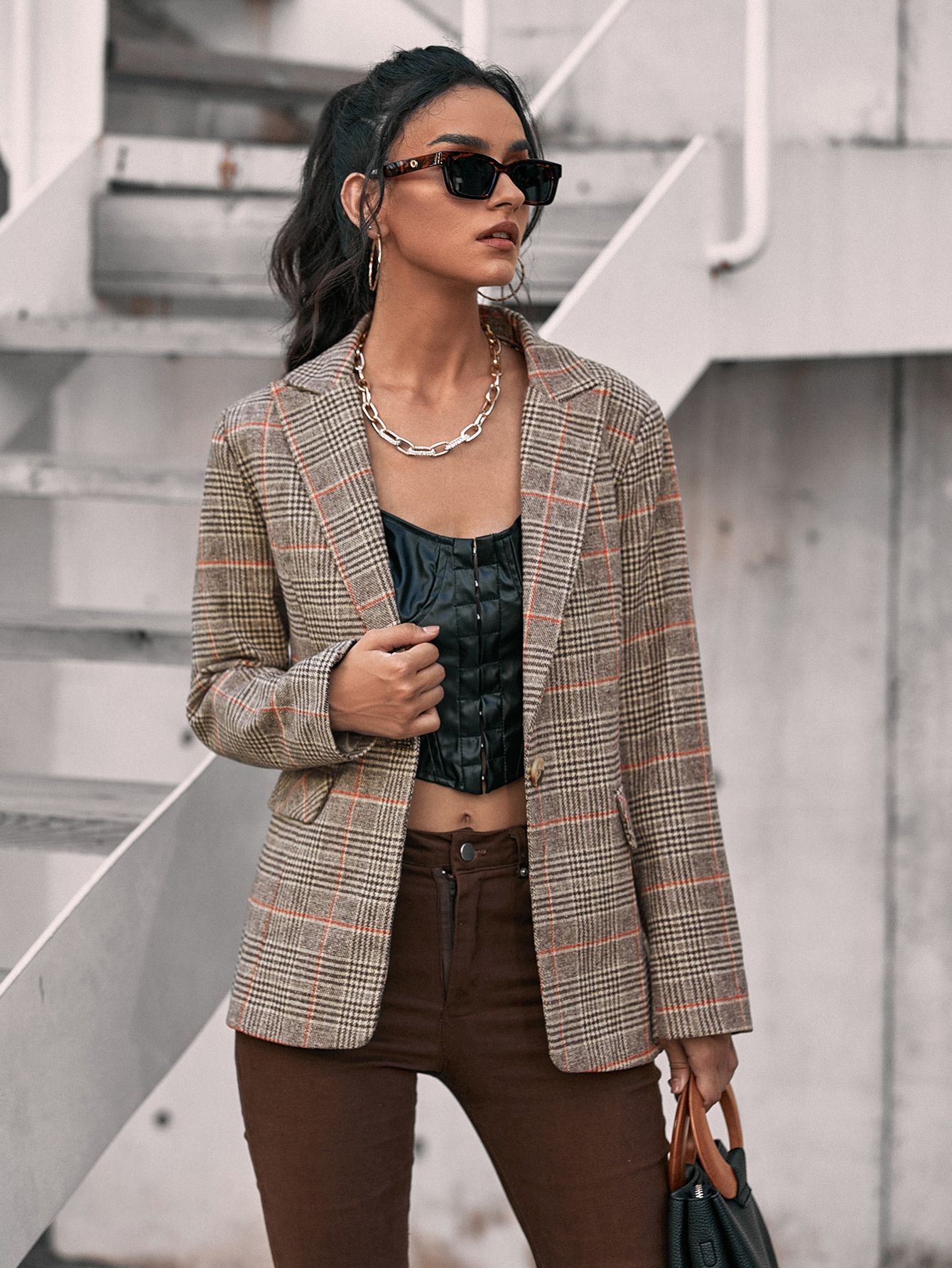 Plaid Lapel Collar Single Button Blazer | SHEIN