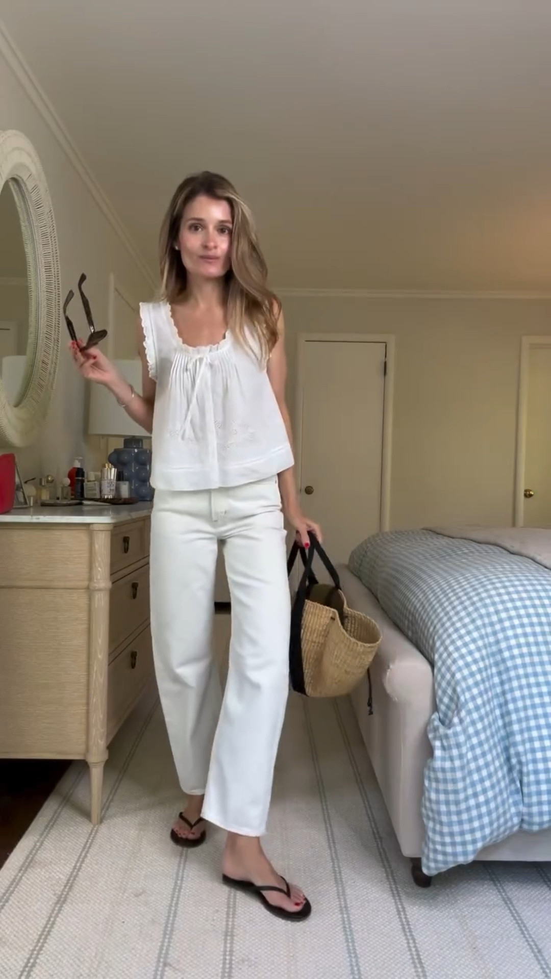 Tuesday 🤍 love the details on this @Madewell tank. I went to the mall to find some new things and couldn’t resist picking this up too. 

The embroidered eyelets, scoop neck and front pintucks are so cute! 

Paired with my favorite white barrel jeans, a pair of black sandals and a raffia bag for a perfect summer look. 

#ootd #everydaystyle #whiteonwhite #outfitinspo #classicstyle

#LTKxMadewell #LTKootd #LTKgrwm