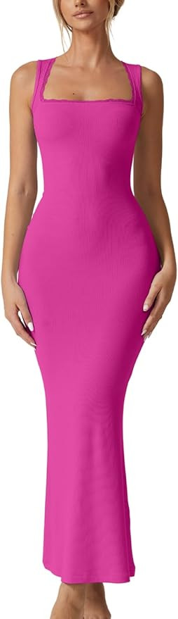 QINSEN Women's Square Neck with Lace Detail Long Maxi Dress Sleeveless Lounge Ribbed Full Length ... | Amazon (US)