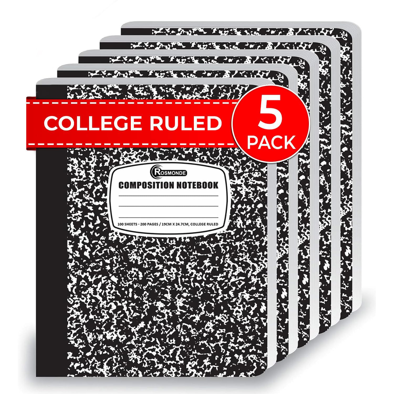 College Ruled Composition Notebooks 5 Pack, 200 Pages (100 Sheets), 9-3/4" x 7-1/2", White & Blac... | Amazon (US)