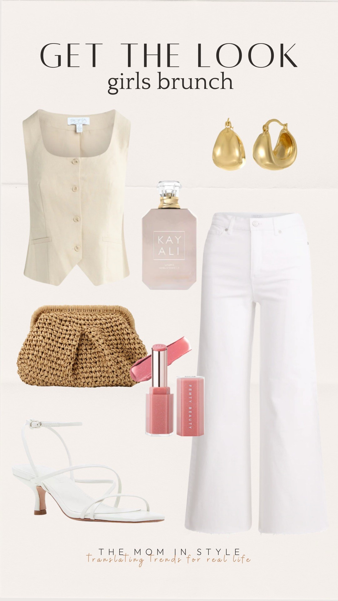 girls brunch, neutral vest, white jeans, gold hoops, summer perfume, straw clutch, strappy heels, pink gloss, chic outfit, casual style 

#LTKFindsUnder50 #LTKFindsUnder100