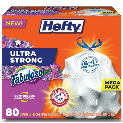 Hefty - Ultra Strong - Fabuloso Scent Tall Kitchen Bags - Drawstring 80 pk 0.9 mil 13 gal - Case of 3 | Target