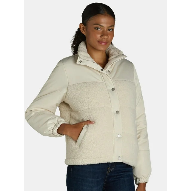 Time and Tru Women's and Women’s Plus Mixed Media Puffer Jacket, Sizes XS-3X | Walmart (US)