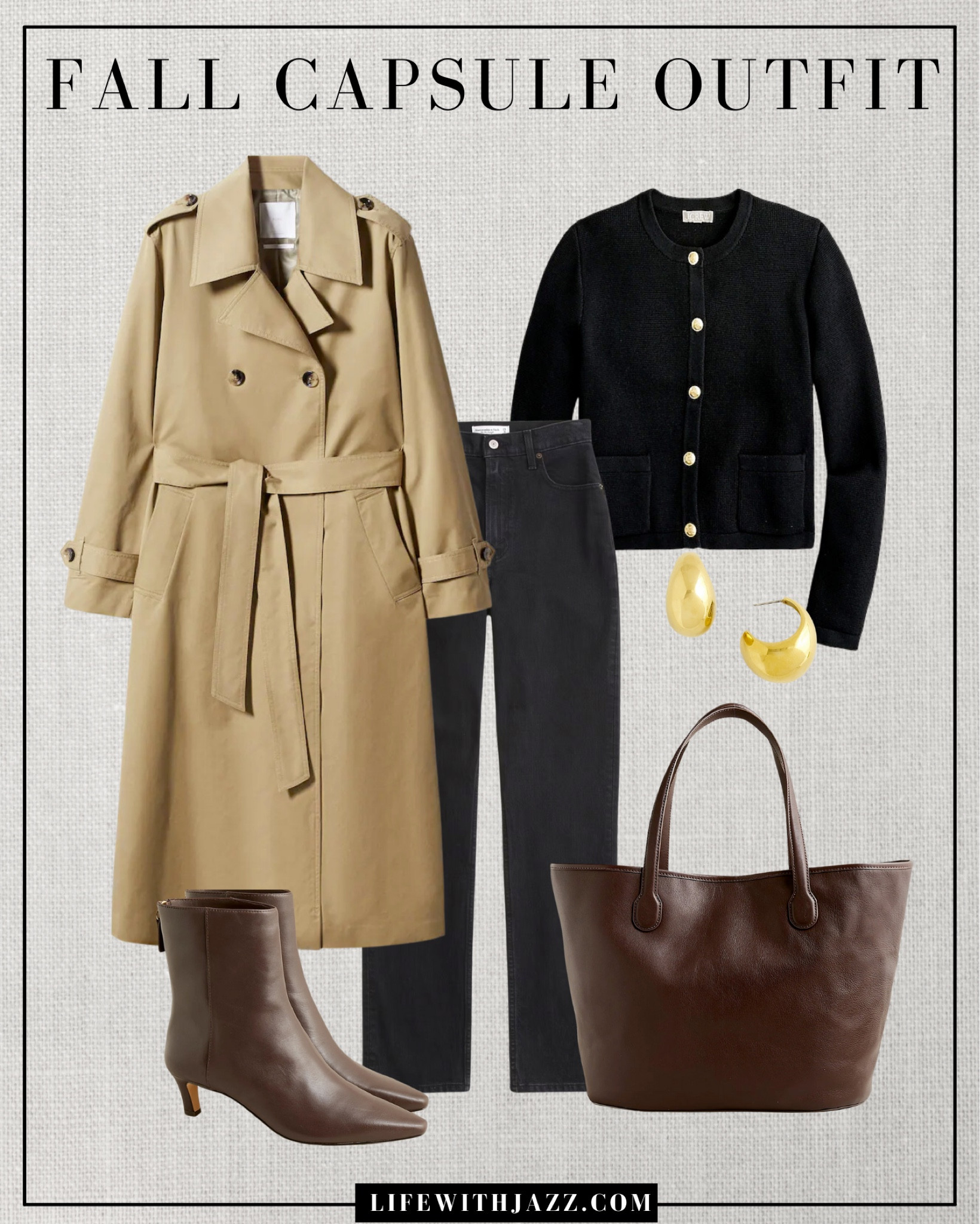 Fall capsule outfit 

Trench coat - Mango on sale! 30% off on orders $220+ 
Straight leg ankle jeans Abercrombie 
Tote, booties , some earrings & sweater jacket jcrew 

#LTKSeasonal #LTKsalealert #LTKstyletip