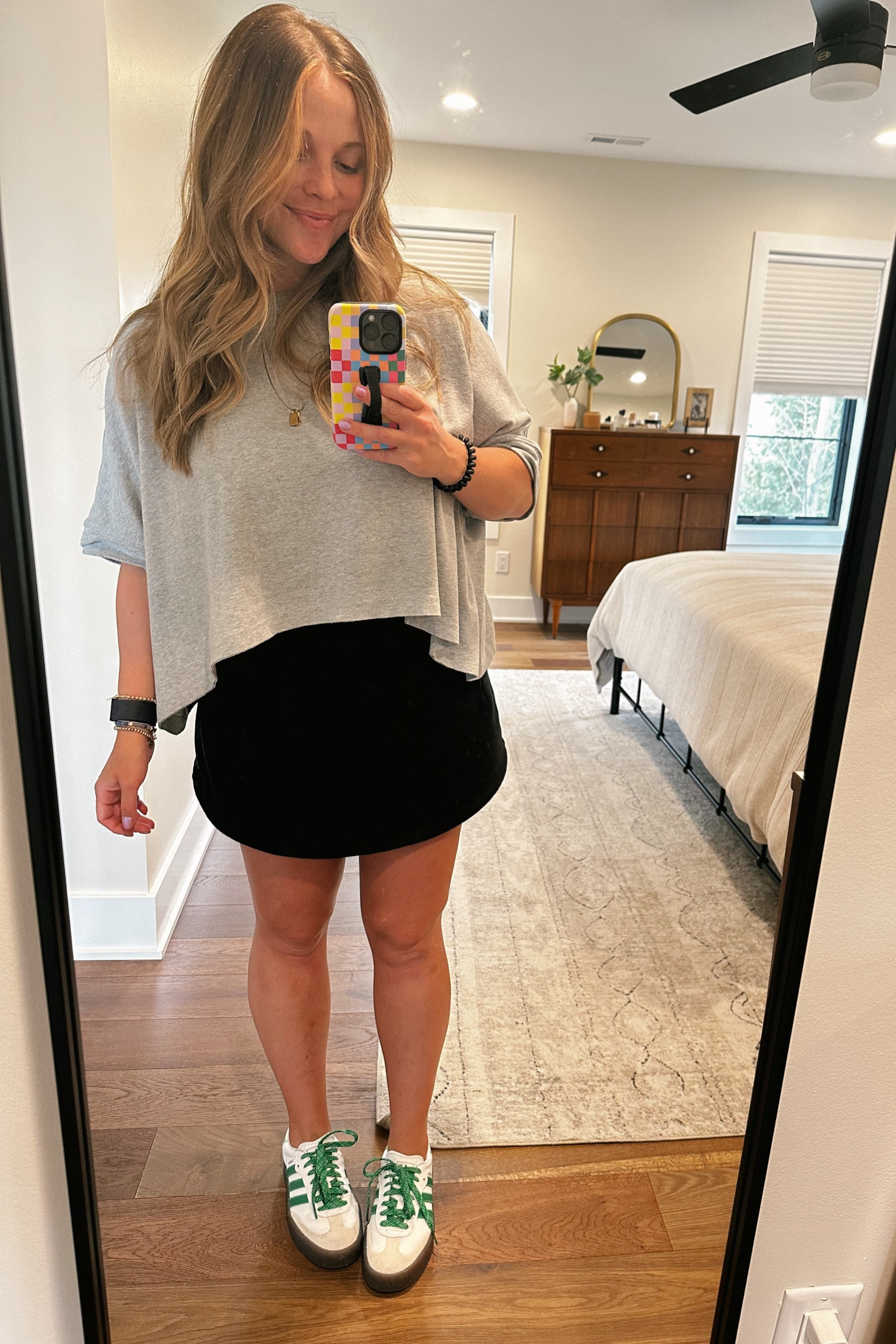 Loved this comfy cute look! I sized up one in the skirt per reviews for a longer fit. True size in top for an oversized fit. And size down one whole size in the shoes.