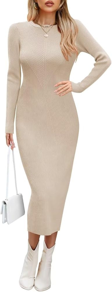 Wkior Women Long Sleeve Midi Dress Crewneck Bodycon Ribbed Knit Slim Sweater Dress 2025 Fall Tren... | Amazon (US)