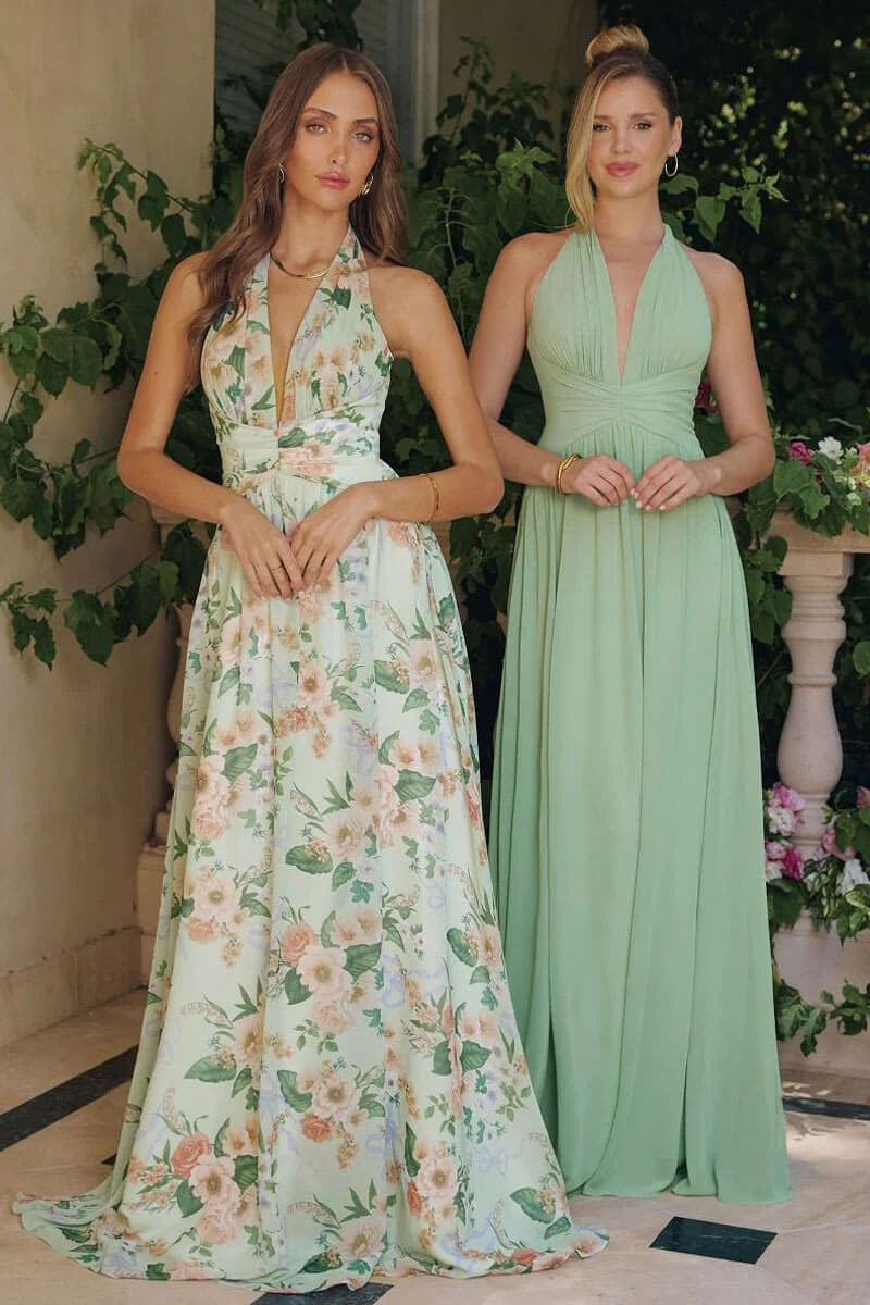 SAGE FLORAL CHEYENNE GOWN - CHIFFON HALTER DRESS | Lady Black Tie