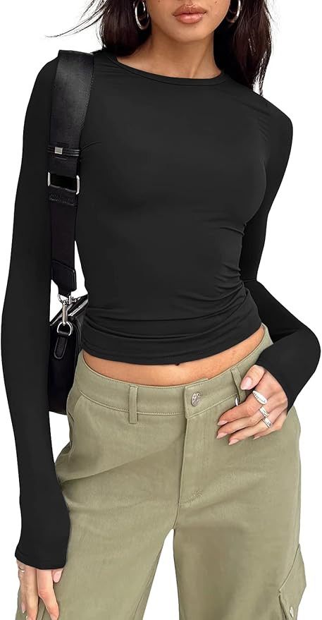 Trendy Queen Womens Long Sleeve Fall Fashion 2023 Crop Tops Basic Layering Workout Slim Fitted T ... | Amazon (US)