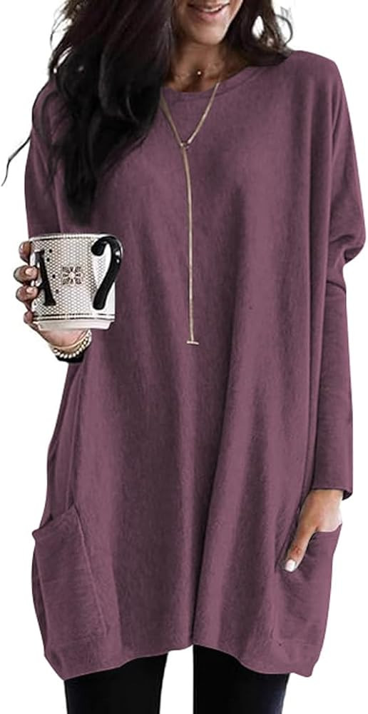 Poetsky Fall Womens Tunic or Tops to Wear with Leggings Long Sleeve Casual Long Shirts with Pocke... | Amazon (US)