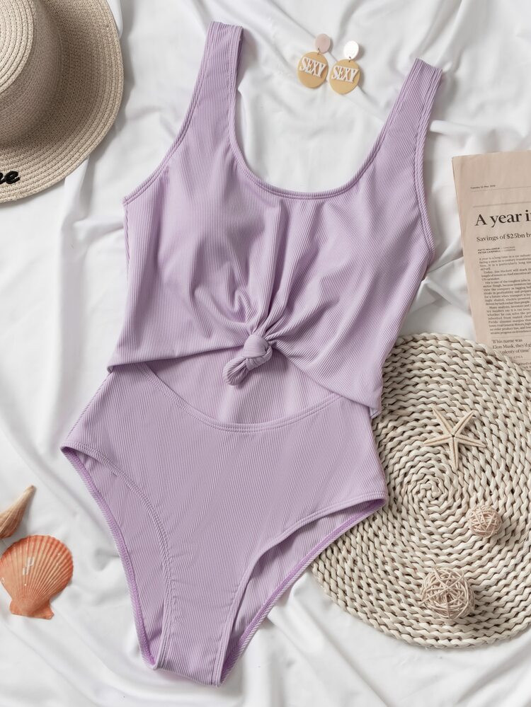 Rib Cut-out Knot Hem One Piece Swimsuit | SHEIN