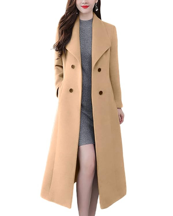 chouyatou Women's Chic Shawl Collar Work Double Breasted Maxi Long Wool Pea Coat | Amazon (US)