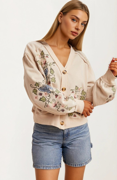 Knit and Lounge Embroidered Floral Button Front Cardigan in Beige /Floral at Nordstrom, Size Large | Nordstrom
