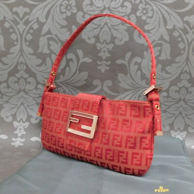 FENDI Zucchino Canvas Red Handbag Shoulder Bag #38 Rise-on | eBay US