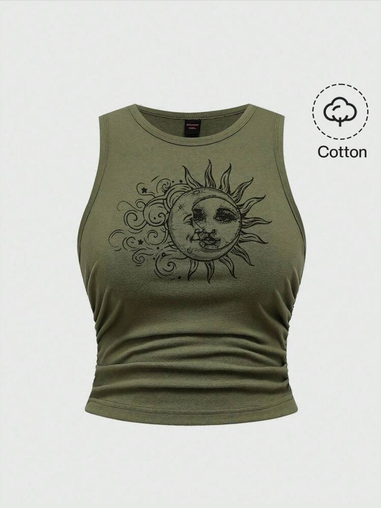 ROMWE Fairycore Spring/Summer Casual Graphic Plus Size Hippie Sun Cute Vacation Elastic Ruched Green Tank Top Suitable For Going Out,Back To School | SHEIN