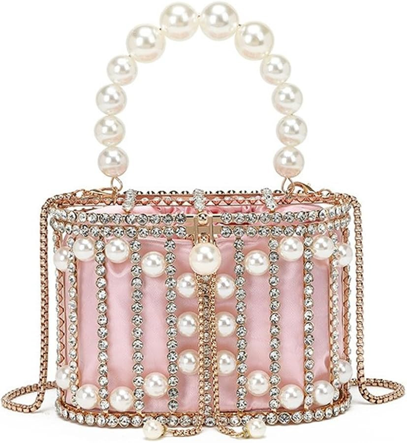 Tasysain Women Rhinestone Cage Bag Sparkling Hollow Pearl Evening Clutch Glitter Double-layer Detachable Basket Handbag, Pink: Handbags: Amazon.com | Amazon (US)