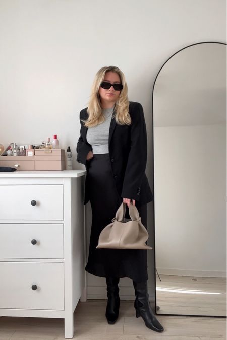 office outfit: black blazer, grey ribbed top and black satin midi skirt with knee high boots

#LTKstyletip #LTKeurope