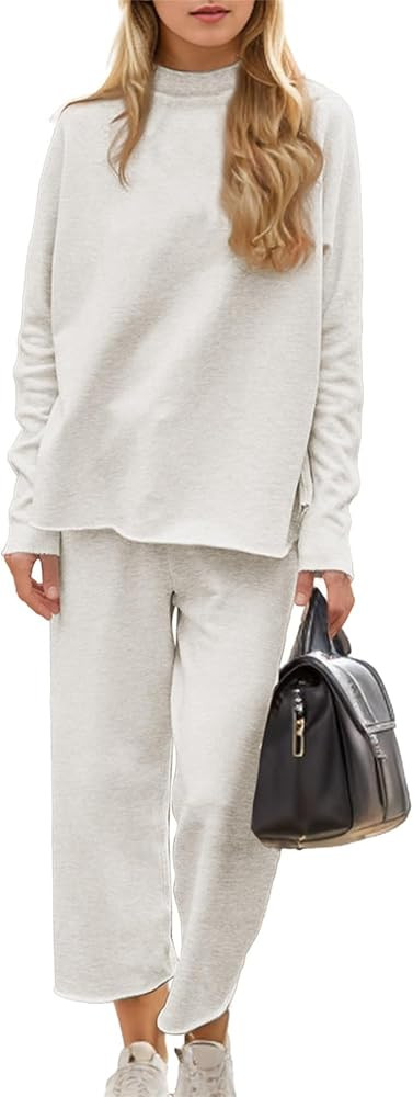 Ainangua Womens Casual Two Piece Outfits Long Sleeve Capelet CrewNeck Pullover Top Wide Leg Pants... | Amazon (US)