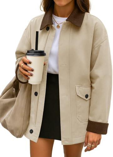 ZESICA Women's Trendy Lightweight Oversized Barn Jackets 2025 fall Fashion Contrast Collar Zip Up... | Amazon (US)