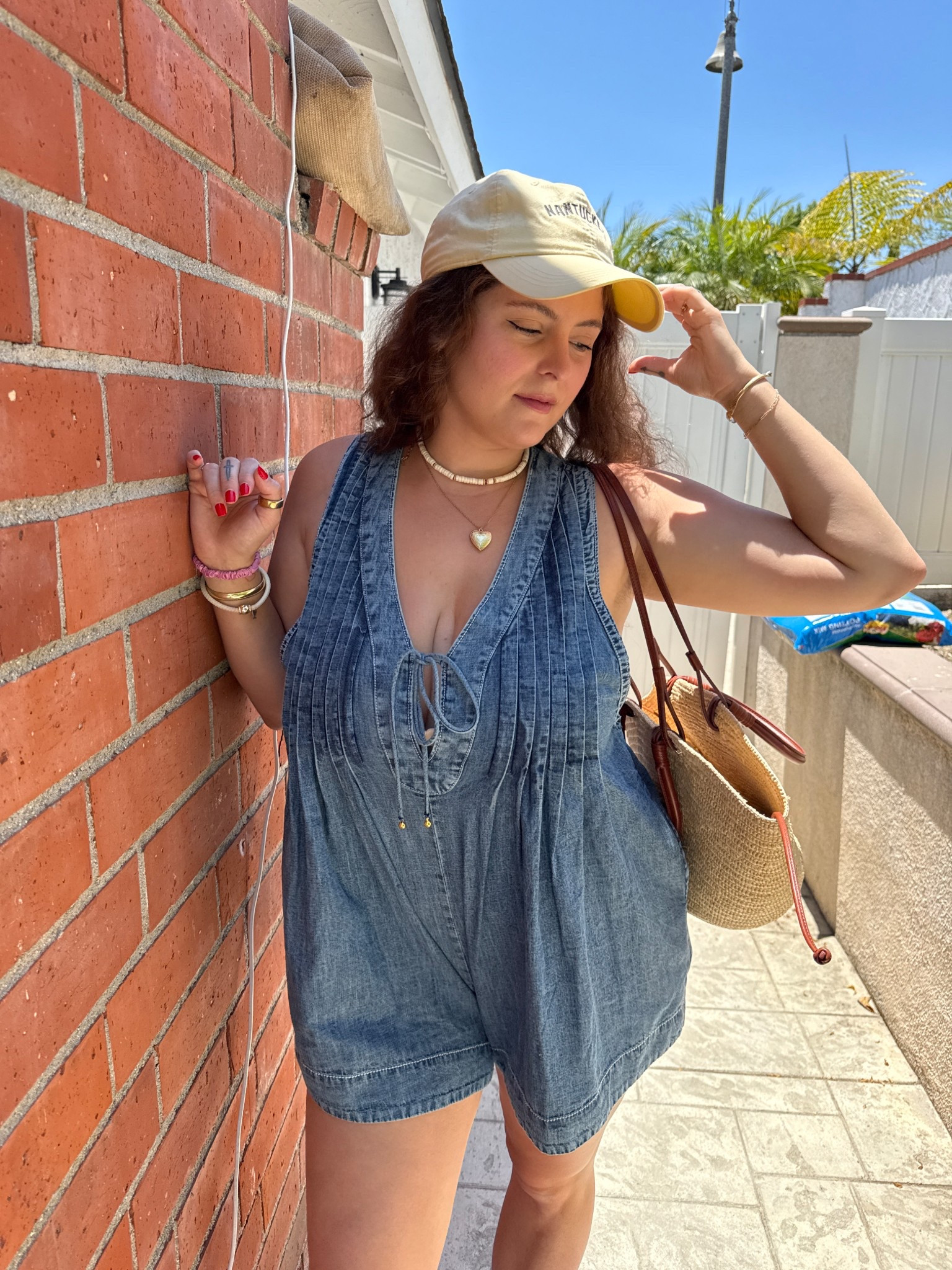 Free people denim jumpsuit romper size m 

Sardine butter yellow hat 
Raffia bag Sezane

#LTKStyleTip #LTKFindsUnder50