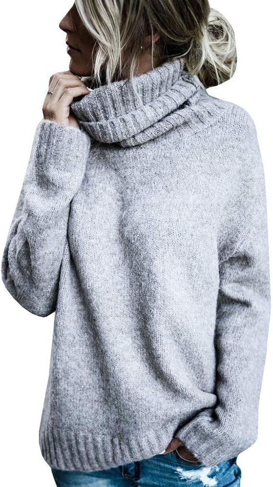 FISACE Womens Solid Round Neck Oversized Turtleneck Full Sleeve Knitted Sweater Pullover | Amazon (US)