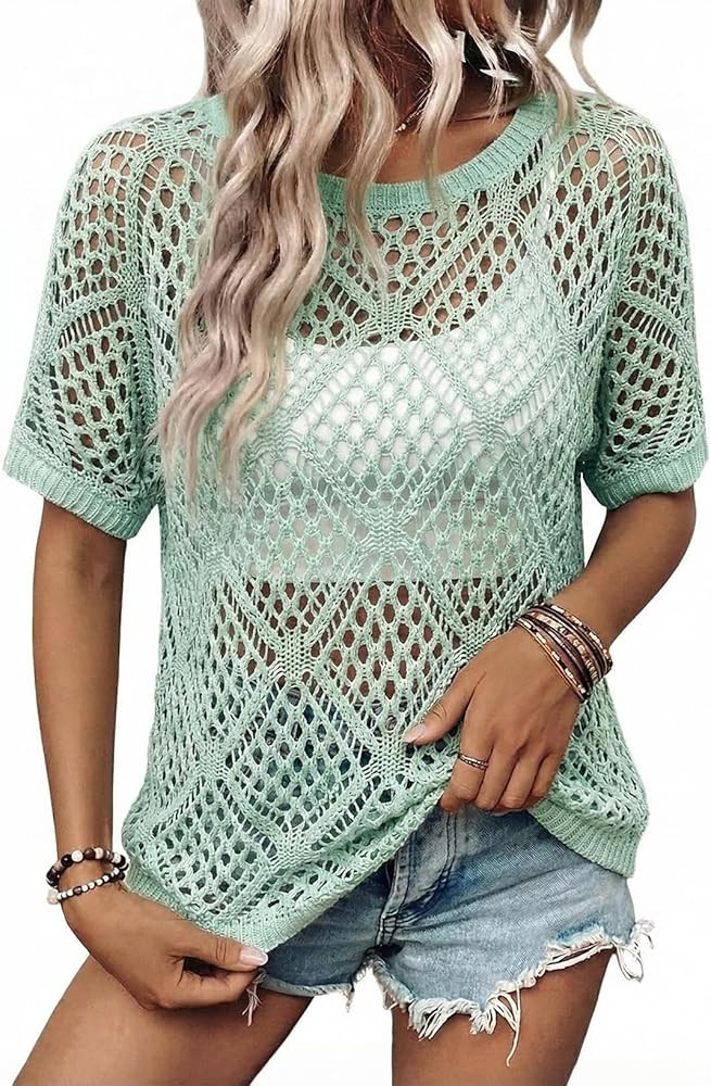 Dokotoo Women's Crochet Cover Up Tops Summer Short Sleeve Off Shoulder Sweater Shirts Beach Swims... | Amazon (US)