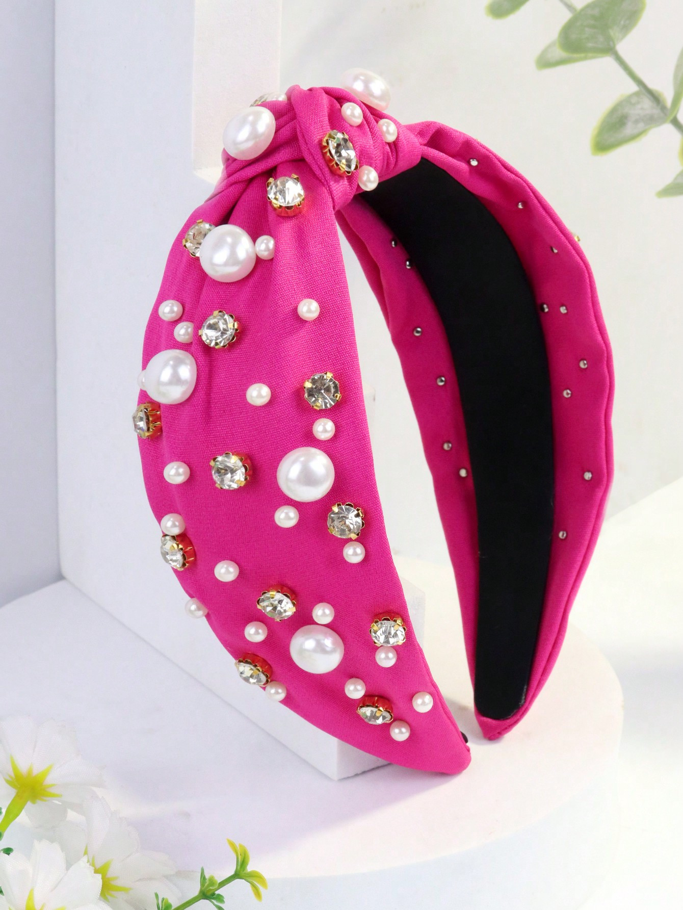 Royal 1pc Women Wide Edge Faux Pearl Fabric Fashion Rhinestone Headband Retro Solid Color Vintage... | SHEIN