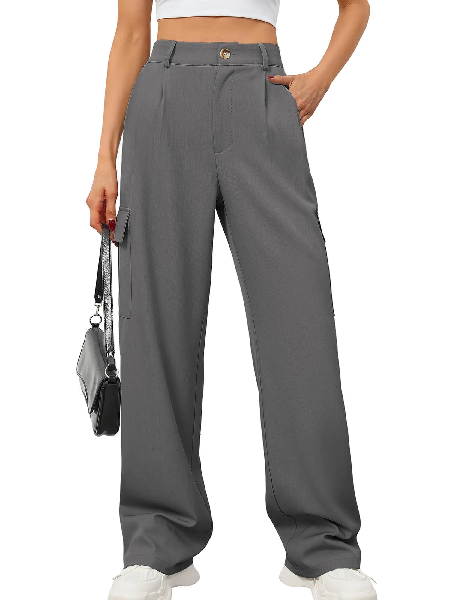 Chiclily Women Wide Leg Pants Loose High Waist Trousers Dark Gray L Baggy Pants with Pockets Casu... | Walmart (US)