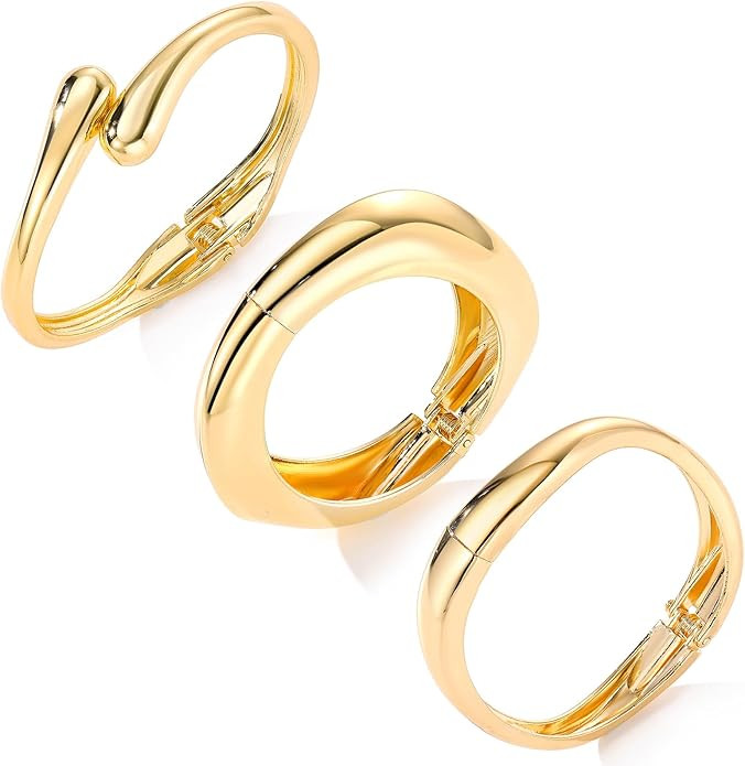 IFKM 3pcs Chunky Gold Bangle Bracelet For Women 14k Gold Plated Trendy Wide Hinged Cuff Open Brac... | Amazon (US)