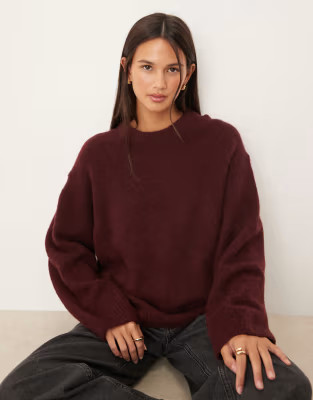 Gina Tricot crew neck knitted wool alpaca jumper in burgundy | ASOS (Global)